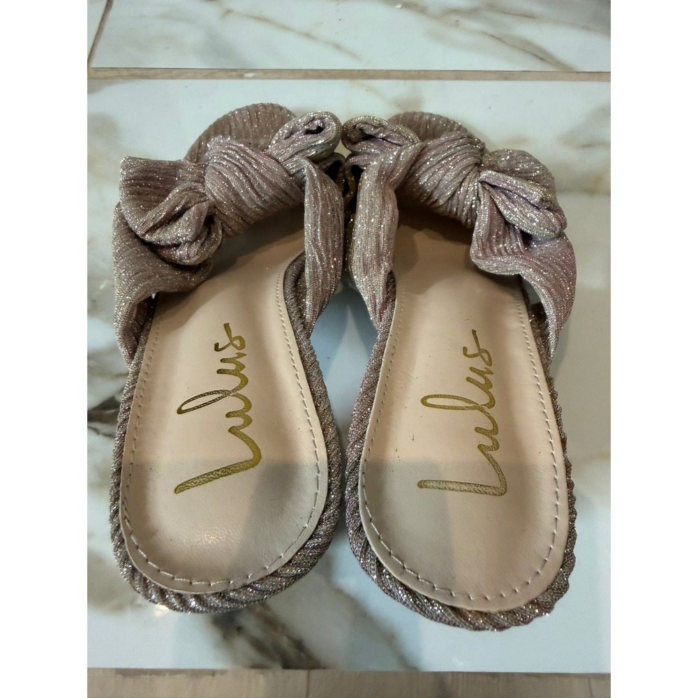 Lulus Heeled Mules Womens 9 Rose Gold Shimmer Pleated Bow Knot Block Heel - Picture 4 of 7
